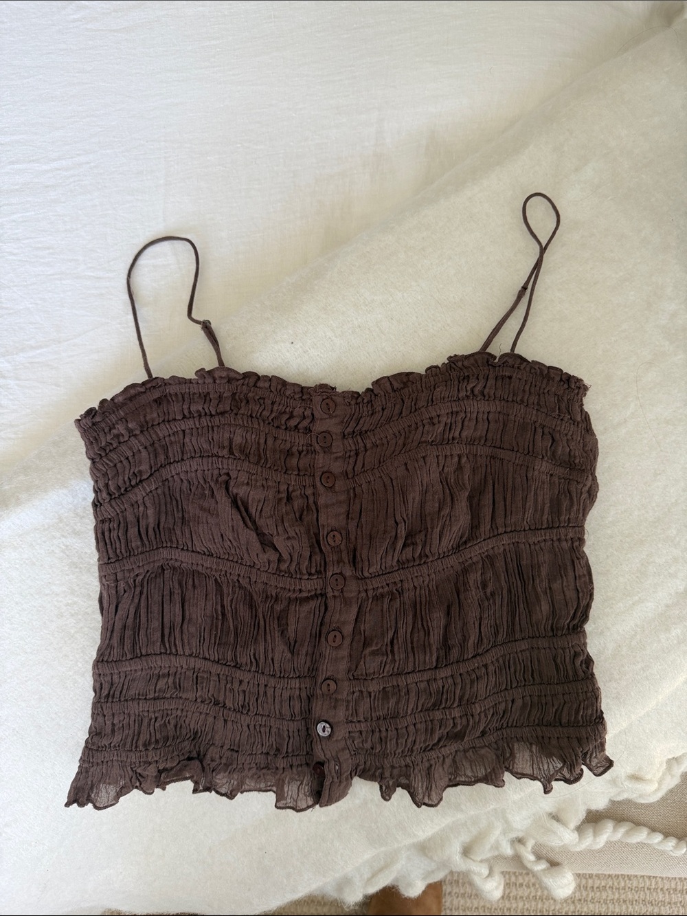 Free people Smocked Button-Front Spaghetti Strap Crop Top in Chocolate Brown